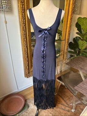 Ritmo di Perla vintage Navy Fringe Slip Dress with Ribbon Detail size 42